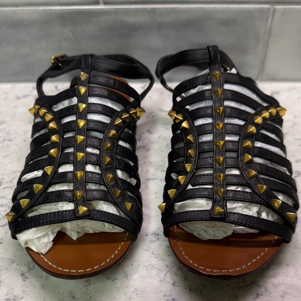 Tory Burch Black Leather  Sandals with Gold Studs